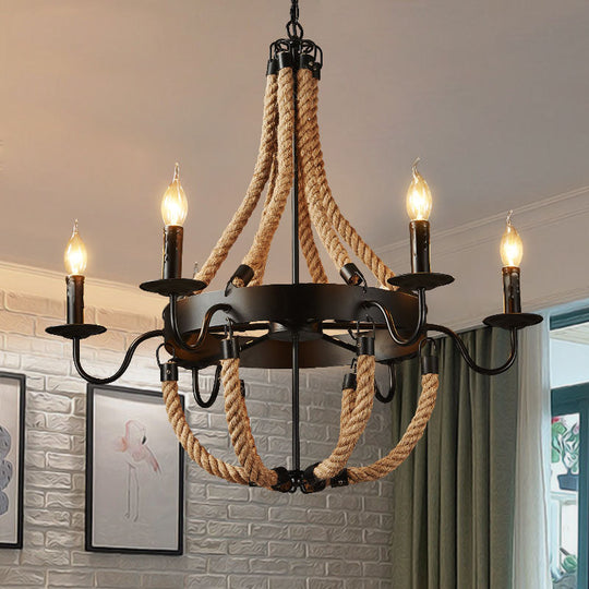 Rustic Black Metal Candelabra Pendant Chandelier - 6-Light Rope Hanging Ceiling Light with Industrial Circle Design