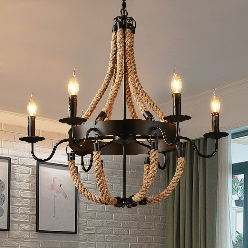 6-Light Industrial Candelabra Pendant Chandelier: Black Rope Hanging Ceiling Light With Metal Circle