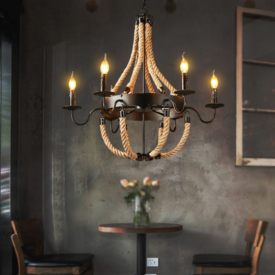 Rustic Black Metal Candelabra Pendant Chandelier - 6-Light Rope Hanging Ceiling Light with Industrial Circle Design