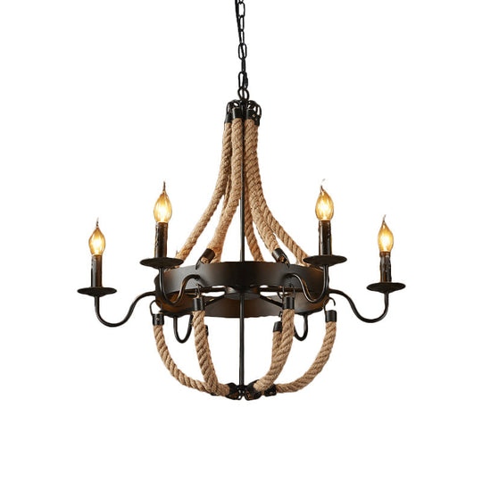 Rustic Black Metal Candelabra Pendant Chandelier - 6-Light Rope Hanging Ceiling Light with Industrial Circle Design