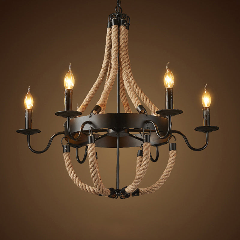 6-Light Industrial Candelabra Pendant Chandelier: Black Rope Hanging Ceiling Light With Metal Circle