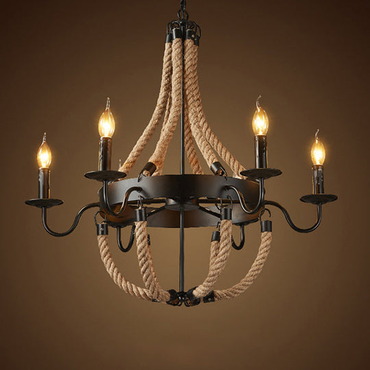 6-Light Industrial Candelabra Pendant Chandelier: Black Rope Hanging Ceiling Light With Metal Circle