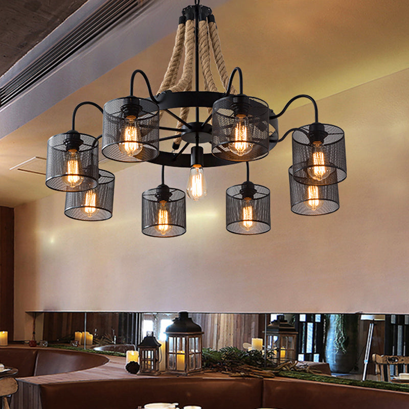 Industrial Mesh Cylinder Chandelier - 8/12-Light Factory Black Hanging Pendant For Restaurants Rope