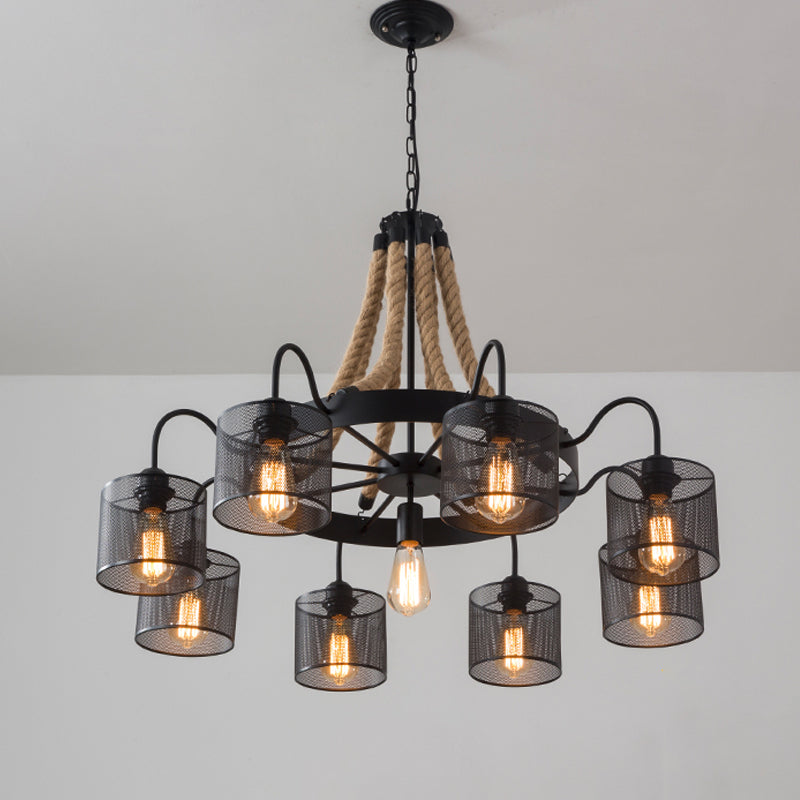 Industrial Mesh Cylinder Chandelier - 8/12-Light Factory Black Hanging Pendant For Restaurants Rope