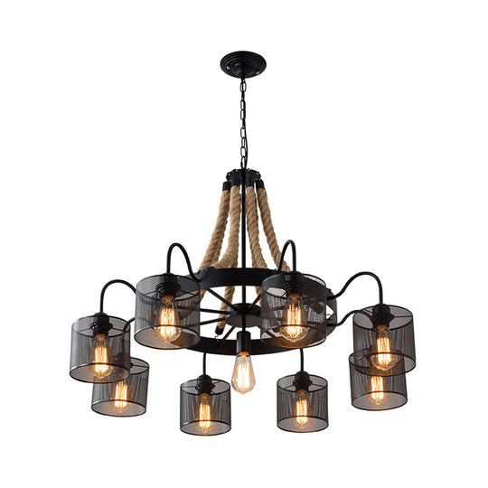 Industrial Mesh Cylinder Chandelier - 8/12-Light Factory Black Hanging Pendant For Restaurants Rope