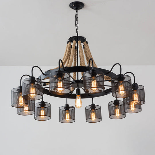 Industrial Mesh Cylinder Chandelier - 8/12-Light Factory Black Hanging Pendant For Restaurants Rope