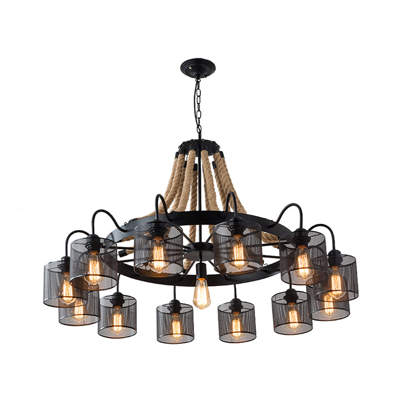 Industrial Mesh Cylinder Chandelier - 8/12-Light Factory Black Hanging Pendant For Restaurants Rope