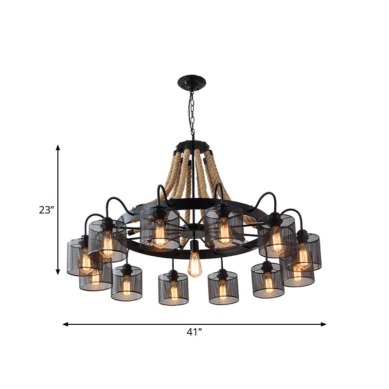 Industrial Mesh Cylinder Chandelier - 8/12-Light Factory Black Hanging Pendant For Restaurants Rope