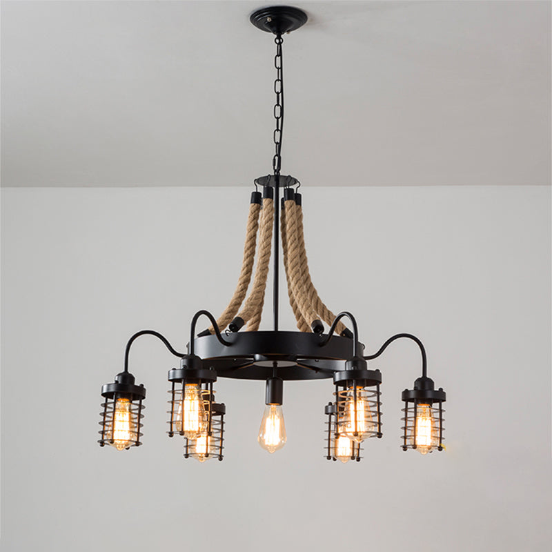 Vintage Black Metal Cage Chandelier With Rope Suspension - 7/9 Heads | Wagon Wheel Design 7 /