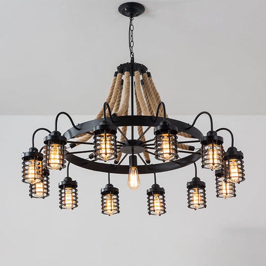 Rustic Black Metal Chandelier with 7/9 Cylinder Cage Heads and Rope Suspension