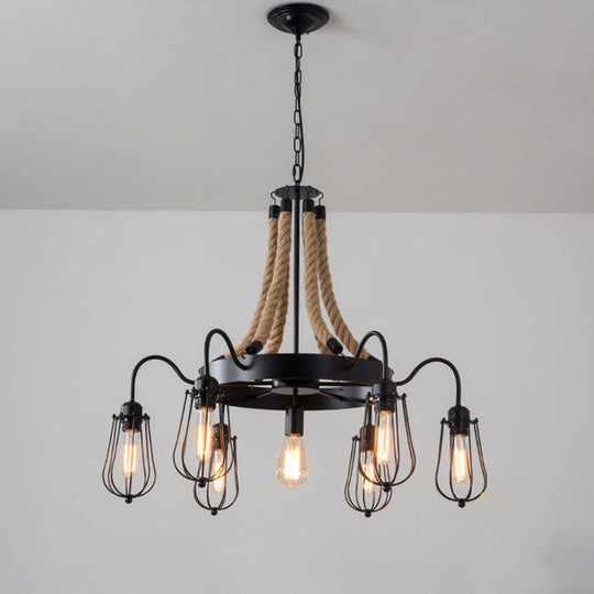 Farm Style Wheel Design Rope Chandelier with Bulb Cage - Black Metallic Pendant Light Fixture (9/13 Lights)