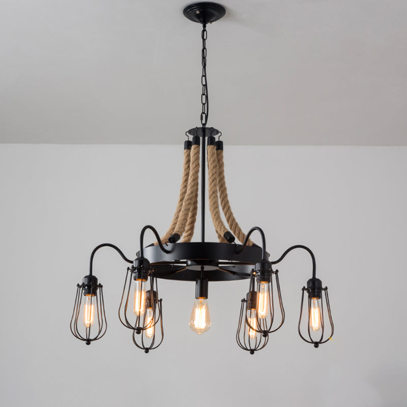 9/13 Lights Farm Style Rope Chandelier With Metallic Pendant Cage Black Finish And Wheel Design 7 /