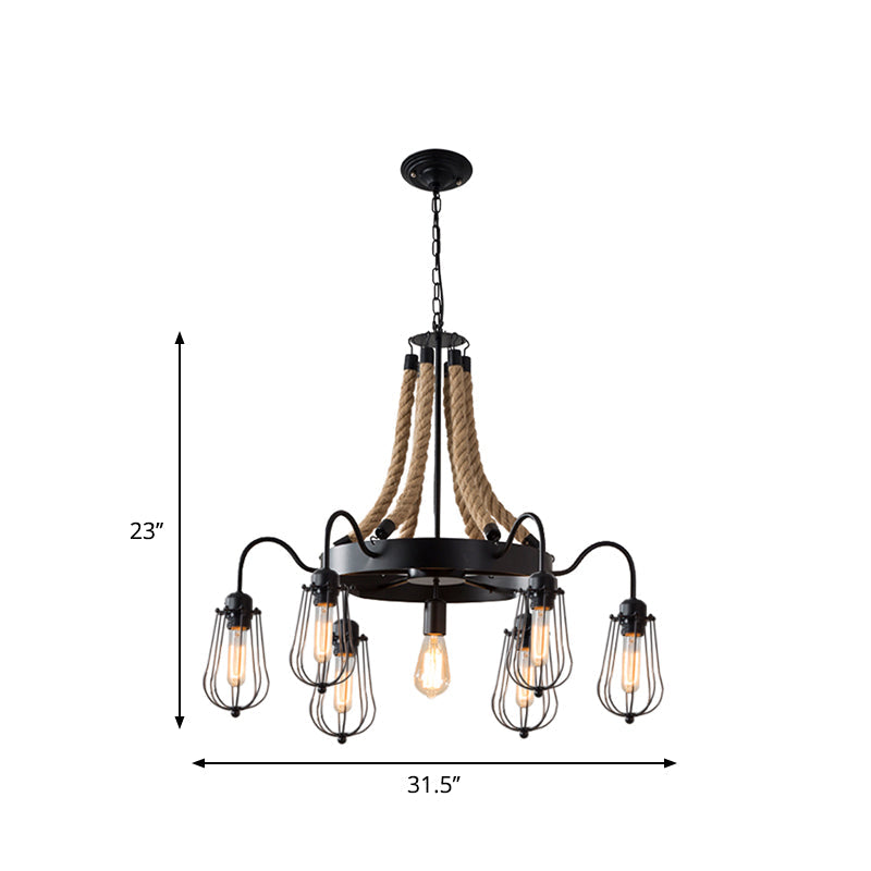 9/13 Lights Farm Style Rope Chandelier With Metallic Pendant Cage Black Finish And Wheel Design