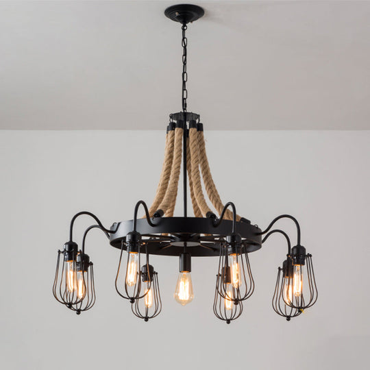 Farm Style Wheel Design Rope Chandelier with Bulb Cage - Black Metallic Pendant Light Fixture (9/13 Lights)