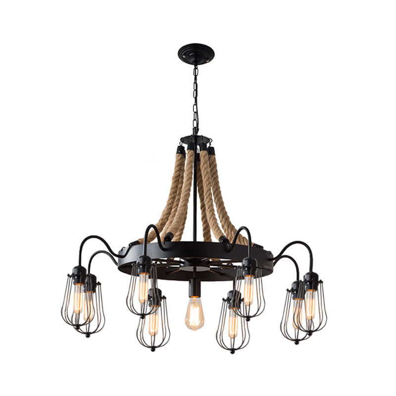 9/13 Lights Farm Style Rope Chandelier With Metallic Pendant Cage Black Finish And Wheel Design