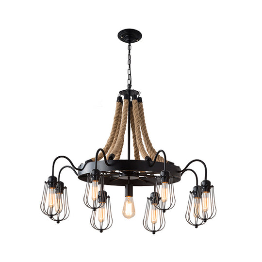 9/13 Lights Farm Style Rope Chandelier With Metallic Pendant Cage Black Finish And Wheel Design