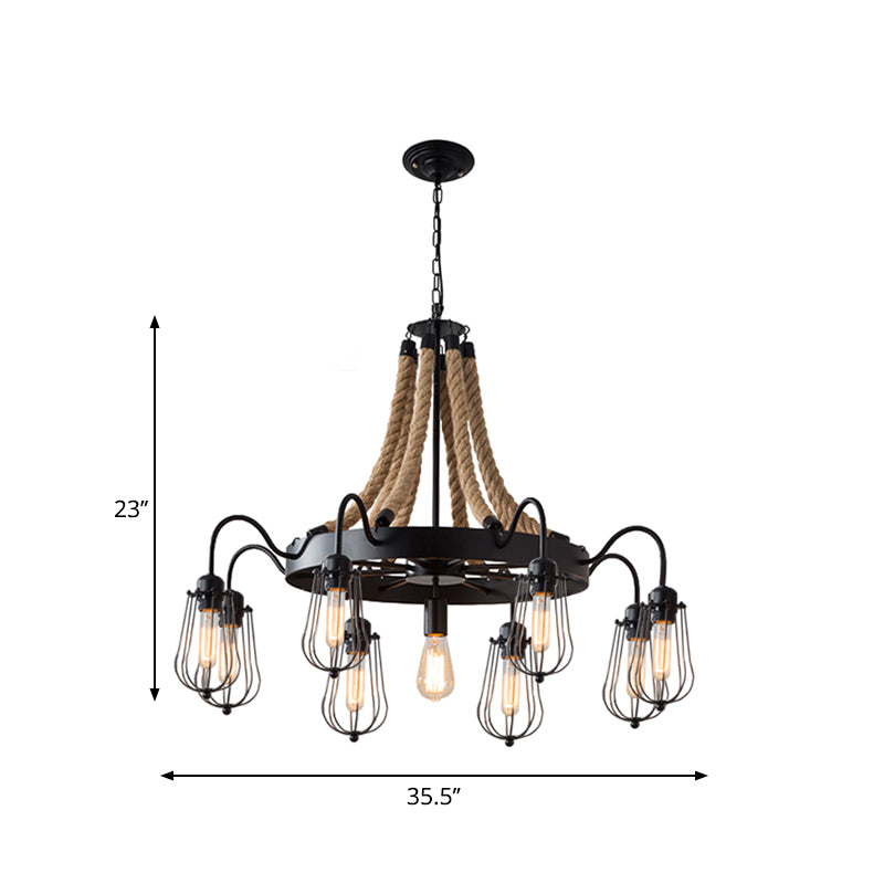 9/13 Lights Farm Style Rope Chandelier With Metallic Pendant Cage Black Finish And Wheel Design