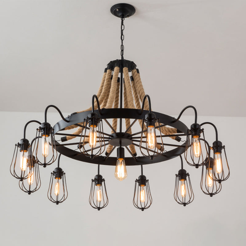 9/13 Lights Farm Style Rope Chandelier With Metallic Pendant Cage Black Finish And Wheel Design 13 /