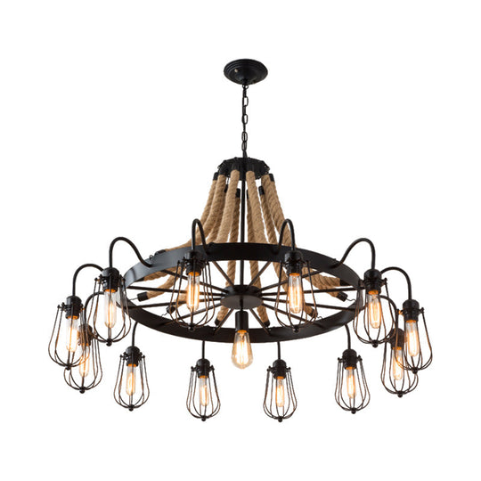 9/13 Lights Farm Style Rope Chandelier With Metallic Pendant Cage Black Finish And Wheel Design