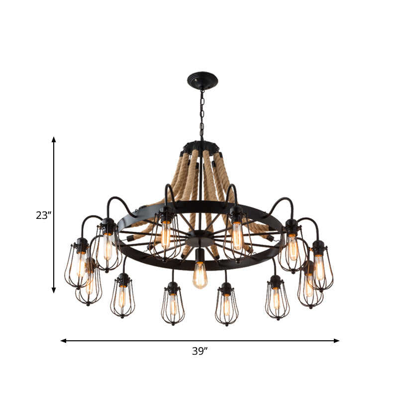 9/13 Lights Farm Style Rope Chandelier With Metallic Pendant Cage Black Finish And Wheel Design