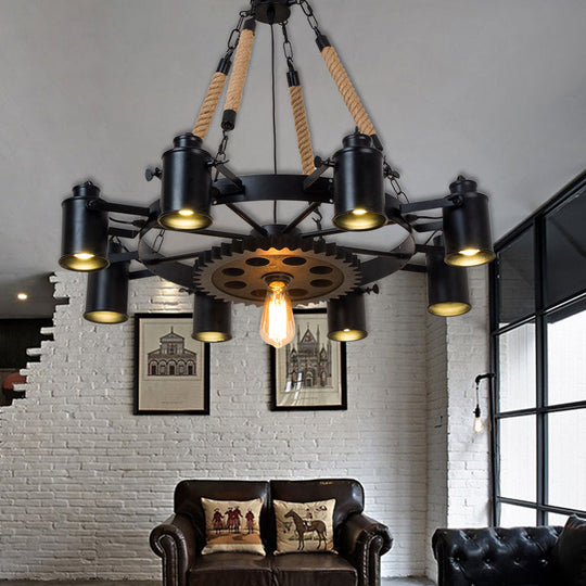 Rustic Iron Cylinder Chandelier: 9-Head Black Rope Ceiling Light With Gear Deco - Living Room