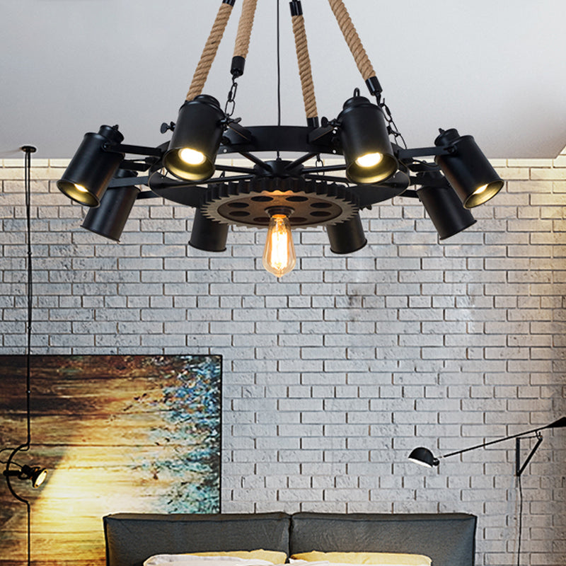 Rustic Iron Cylinder Chandelier: 9-Head Black Rope Ceiling Light With Gear Deco - Living Room