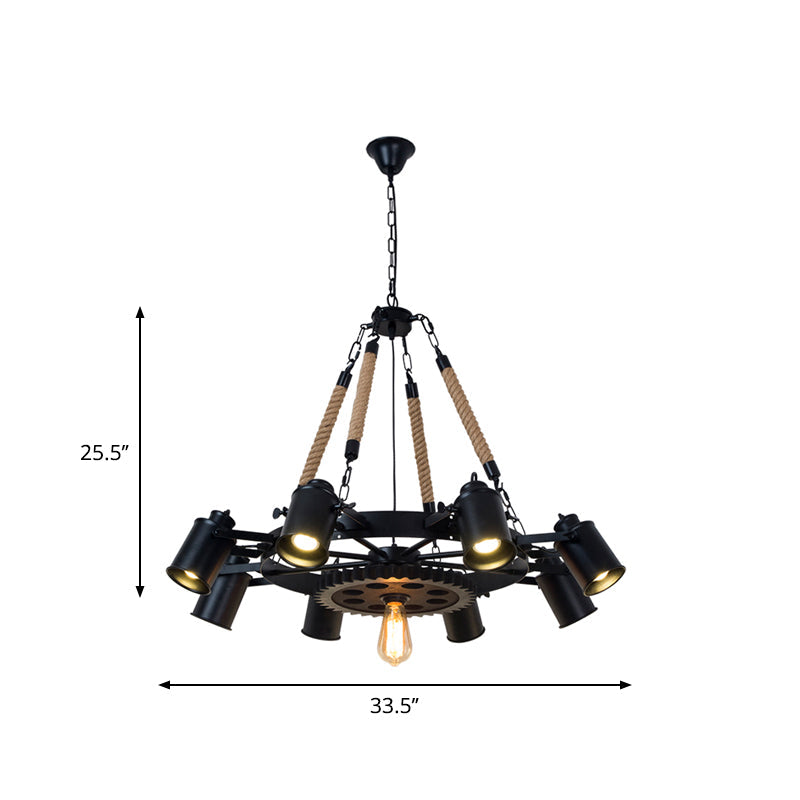 Rustic Iron Cylinder Chandelier: 9-Head Black Rope Ceiling Light With Gear Deco - Living Room