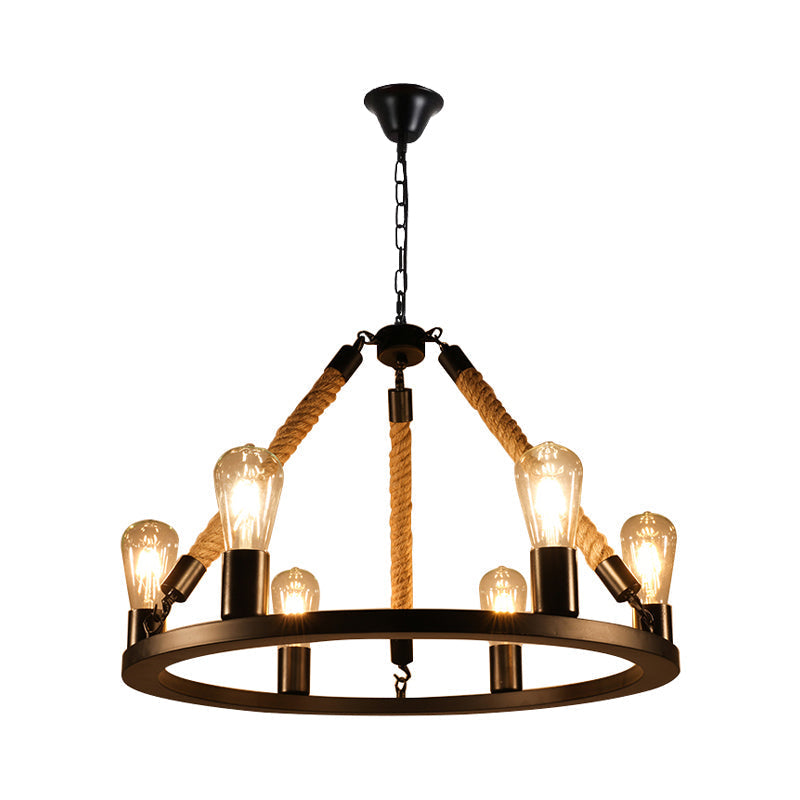 Industrial Metal Chandelier: Open Bulb 6/8-Light Rope Pendant Lamp, Black with Ring Design - Dining Room Lighting Fixture