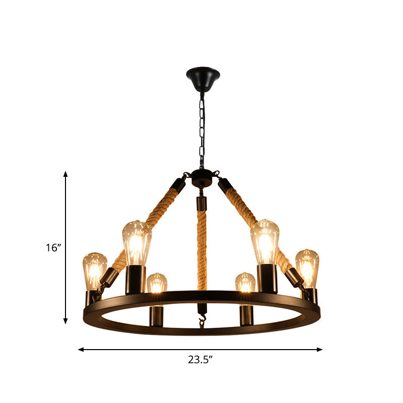 Industrial Metal Chandelier: Open Bulb 6/8-Light Rope Pendant Lamp, Black with Ring Design - Dining Room Lighting Fixture