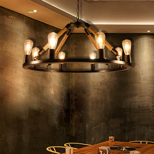 Industrial Open Bulb Metal Chandelier: 6/8-Light Black Pendant Lamp With Rope & Ring Design 8 /