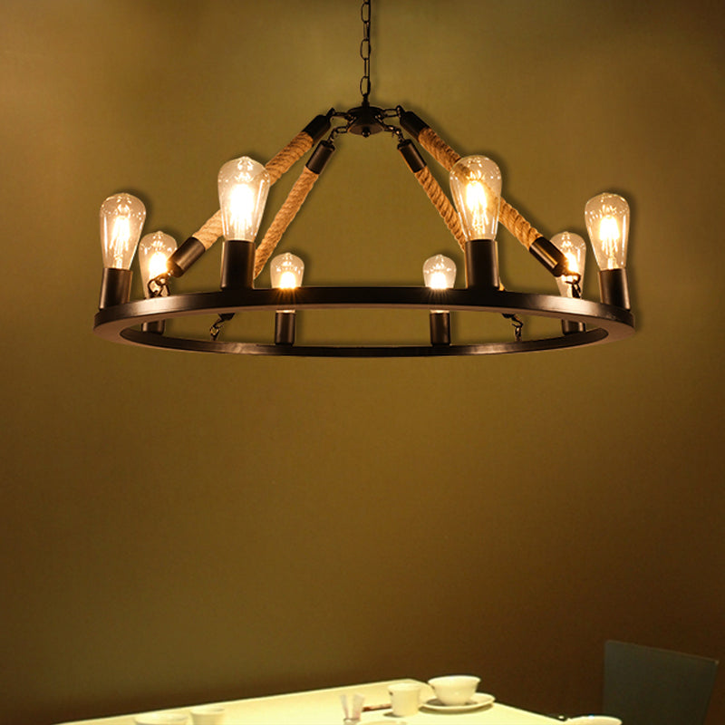 Industrial Metal Chandelier: Open Bulb 6/8-Light Rope Pendant Lamp, Black with Ring Design - Dining Room Lighting Fixture