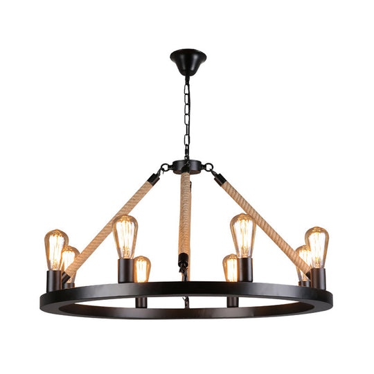 Industrial Metal Chandelier: Open Bulb 6/8-Light Rope Pendant Lamp, Black with Ring Design - Dining Room Lighting Fixture