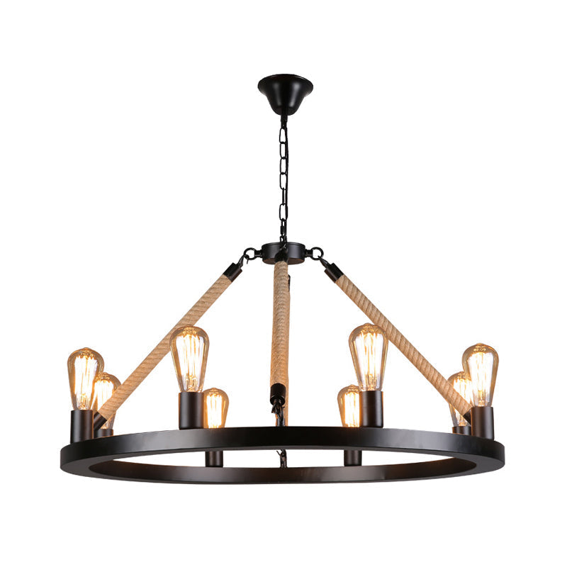 Industrial Open Bulb Metal Chandelier: 6/8-Light Black Pendant Lamp With Rope & Ring Design