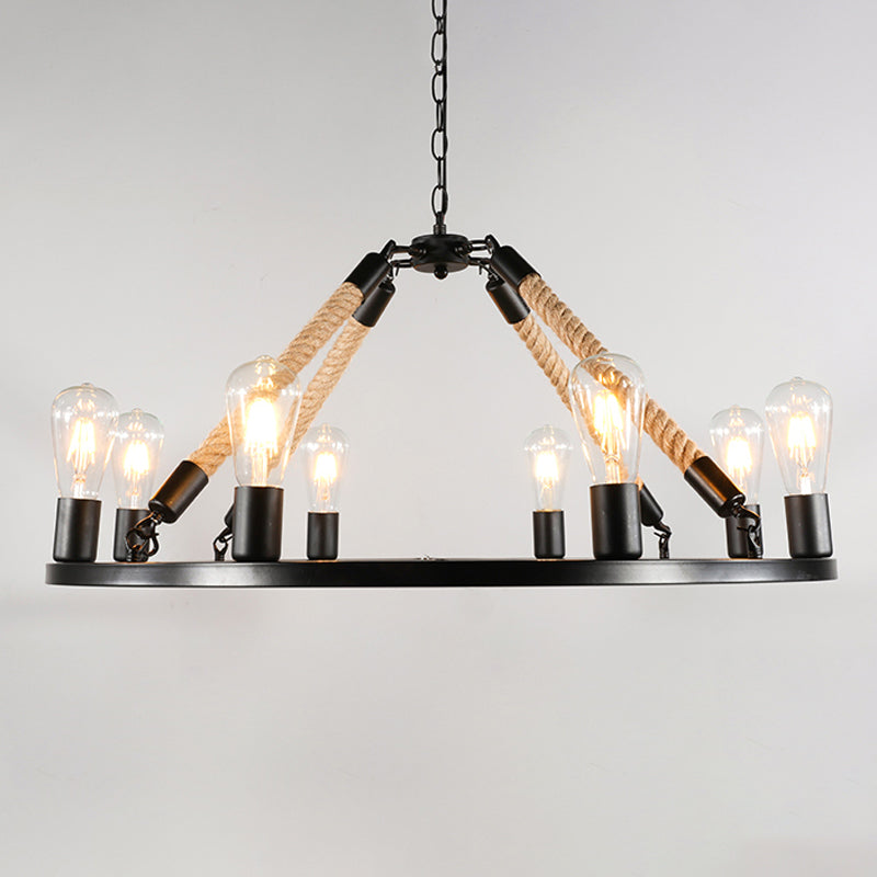 Industrial Metal Chandelier: Open Bulb 6/8-Light Rope Pendant Lamp, Black with Ring Design - Dining Room Lighting Fixture