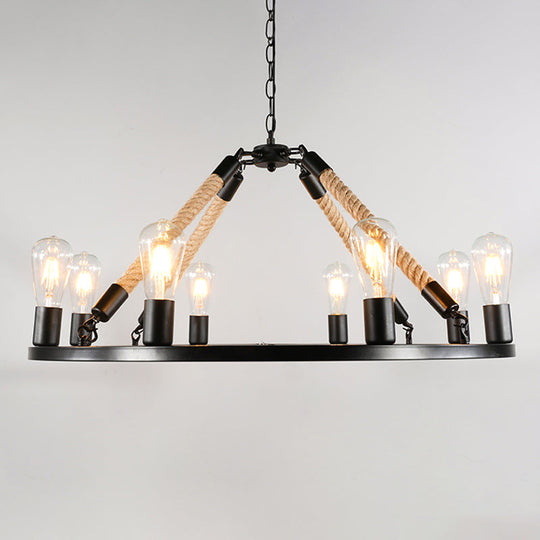 Industrial Open Bulb Metal Chandelier: 6/8-Light Black Pendant Lamp With Rope & Ring Design