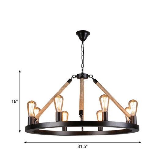 Industrial Metal Chandelier: Open Bulb 6/8-Light Rope Pendant Lamp, Black with Ring Design - Dining Room Lighting Fixture