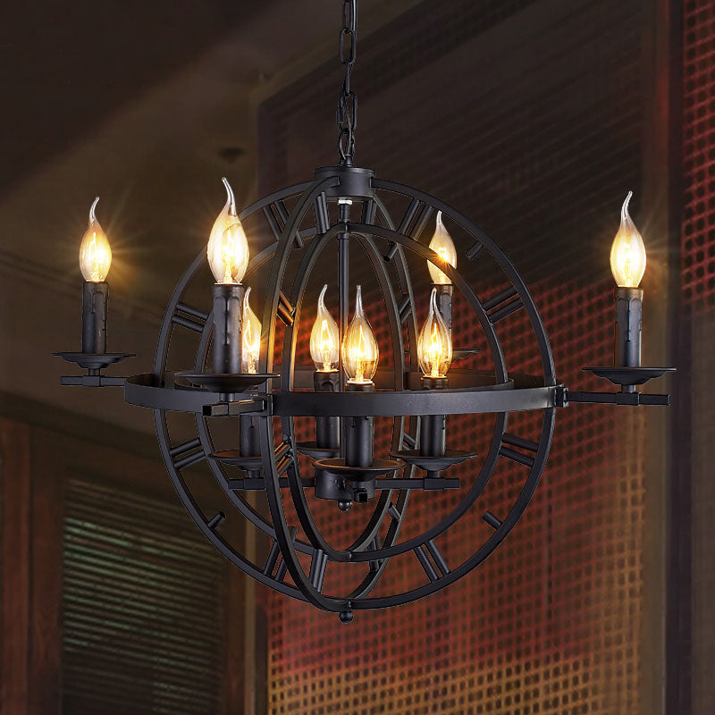 Globe Cage Chandelier - Industrial 6-Bulb Ceiling Light in Bronze/Black with Candle Design