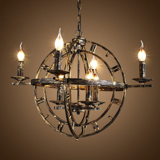 Globe Cage Chandelier - 6-Bulb Iron Ceiling Light In Bronze/Black With Candle Design For Industrial