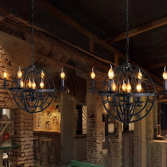 Globe Cage Chandelier - Industrial 6-Bulb Ceiling Light in Bronze/Black with Candle Design