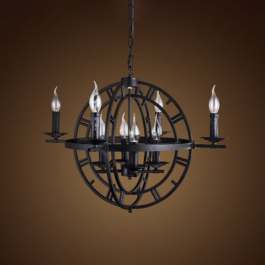 Globe Cage Chandelier - Industrial 6-Bulb Ceiling Light in Bronze/Black with Candle Design