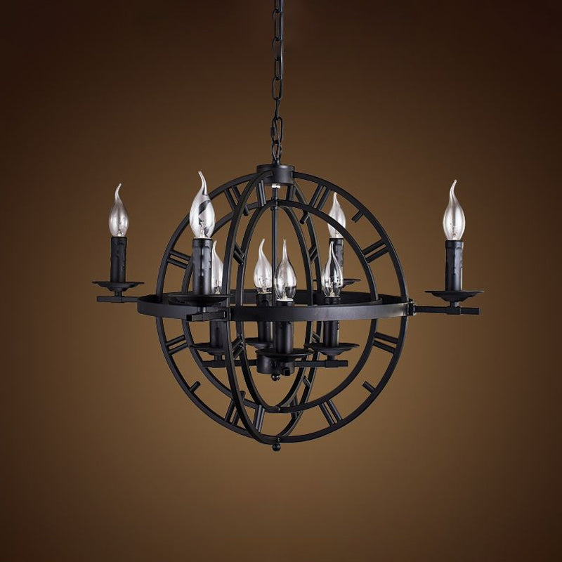 Globe Cage Chandelier - 6-Bulb Iron Ceiling Light In Bronze/Black With Candle Design For Industrial