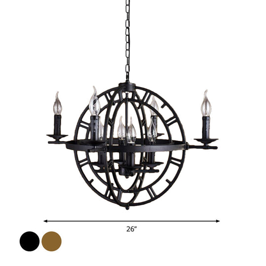 Globe Cage Chandelier - Industrial 6-Bulb Ceiling Light in Bronze/Black with Candle Design