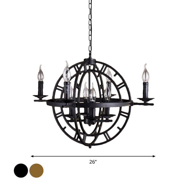 Globe Cage Chandelier - 6-Bulb Iron Ceiling Light In Bronze/Black With Candle Design For Industrial