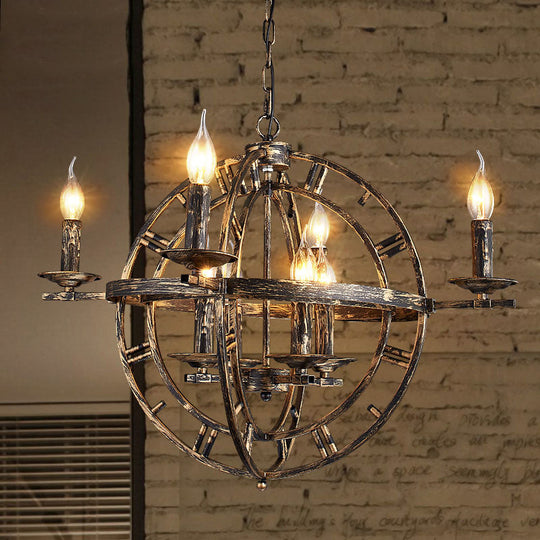 Globe Cage Chandelier - Industrial 6-Bulb Ceiling Light in Bronze/Black with Candle Design