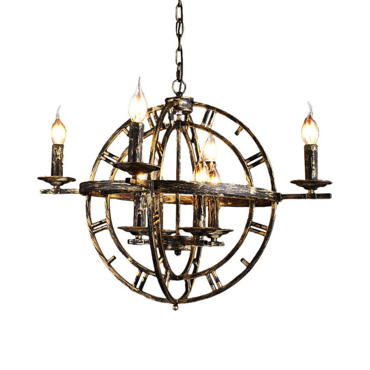 Globe Cage Chandelier - Industrial 6-Bulb Ceiling Light in Bronze/Black with Candle Design