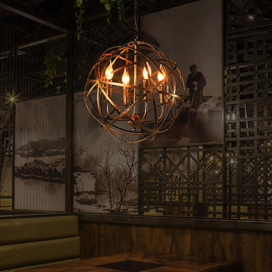 Restaurant Ceiling Chandelier: 4-Light Globe Cage Pendant In Factory Bronze Metal