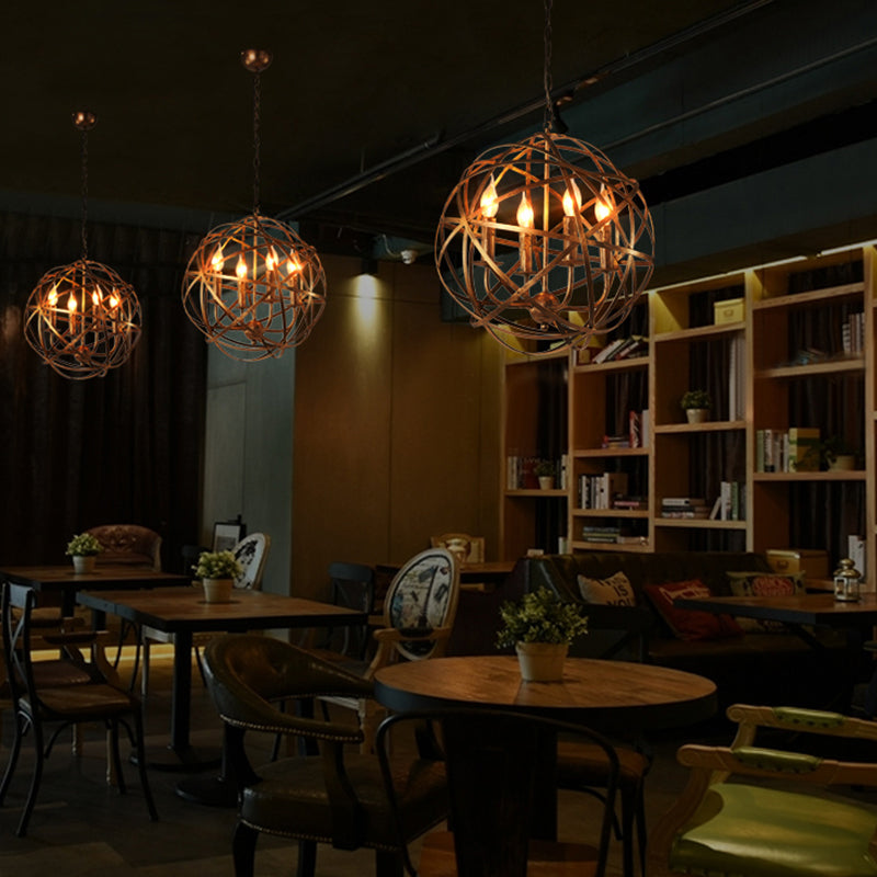 Restaurant Ceiling Chandelier: 4-Light Globe Cage Pendant In Factory Bronze Metal