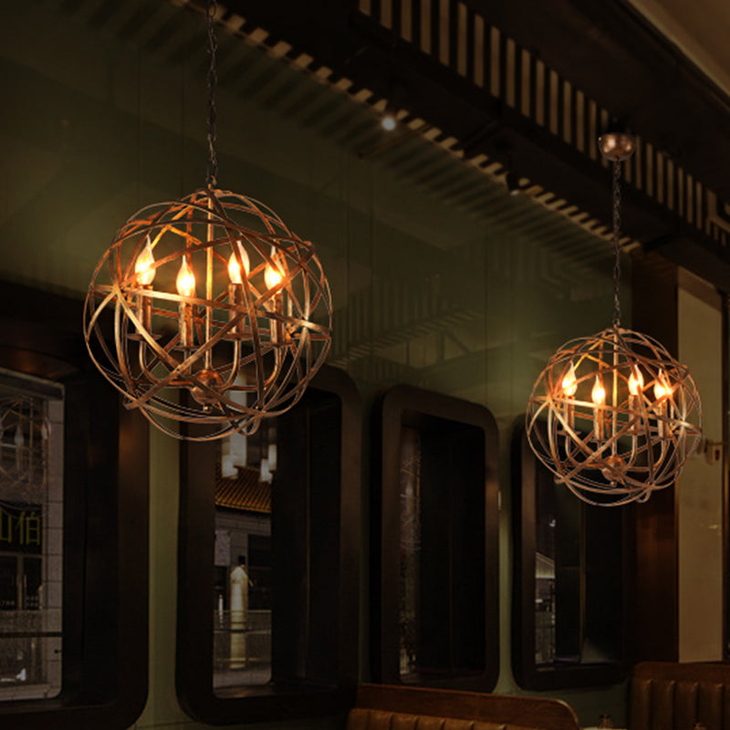 Restaurant Ceiling Chandelier: 4-Light Globe Cage Pendant In Factory Bronze Metal