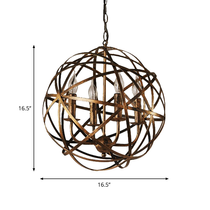 Restaurant Ceiling Chandelier: 4-Light Globe Cage Pendant In Factory Bronze Metal