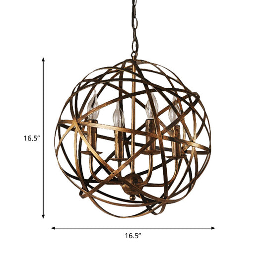 Restaurant Ceiling Chandelier: 4-Light Globe Cage Pendant In Factory Bronze Metal